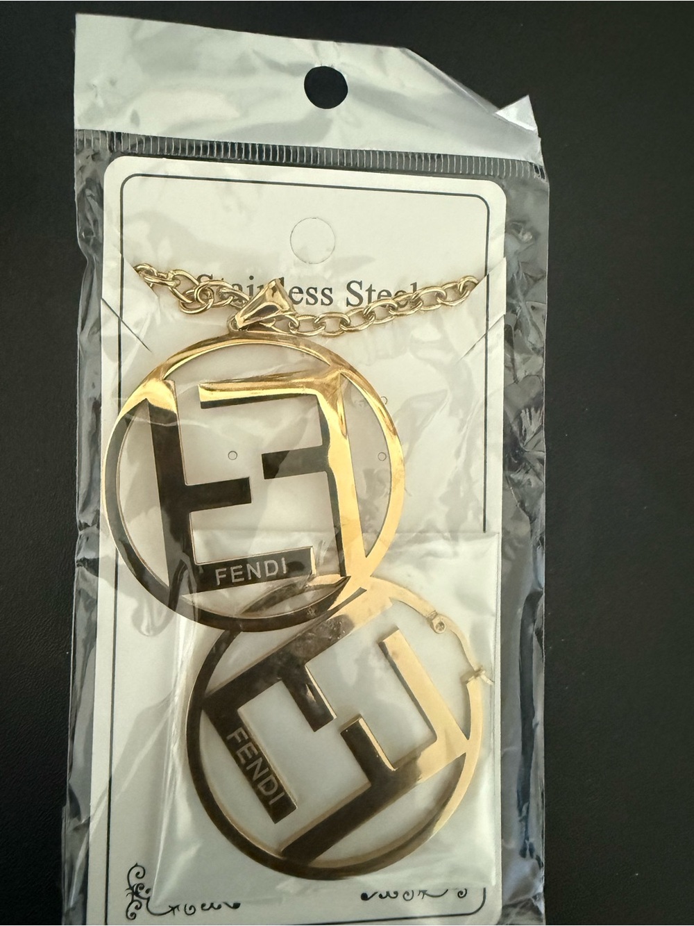 Fendi Gold Double FF Pendant Necklace and earrings